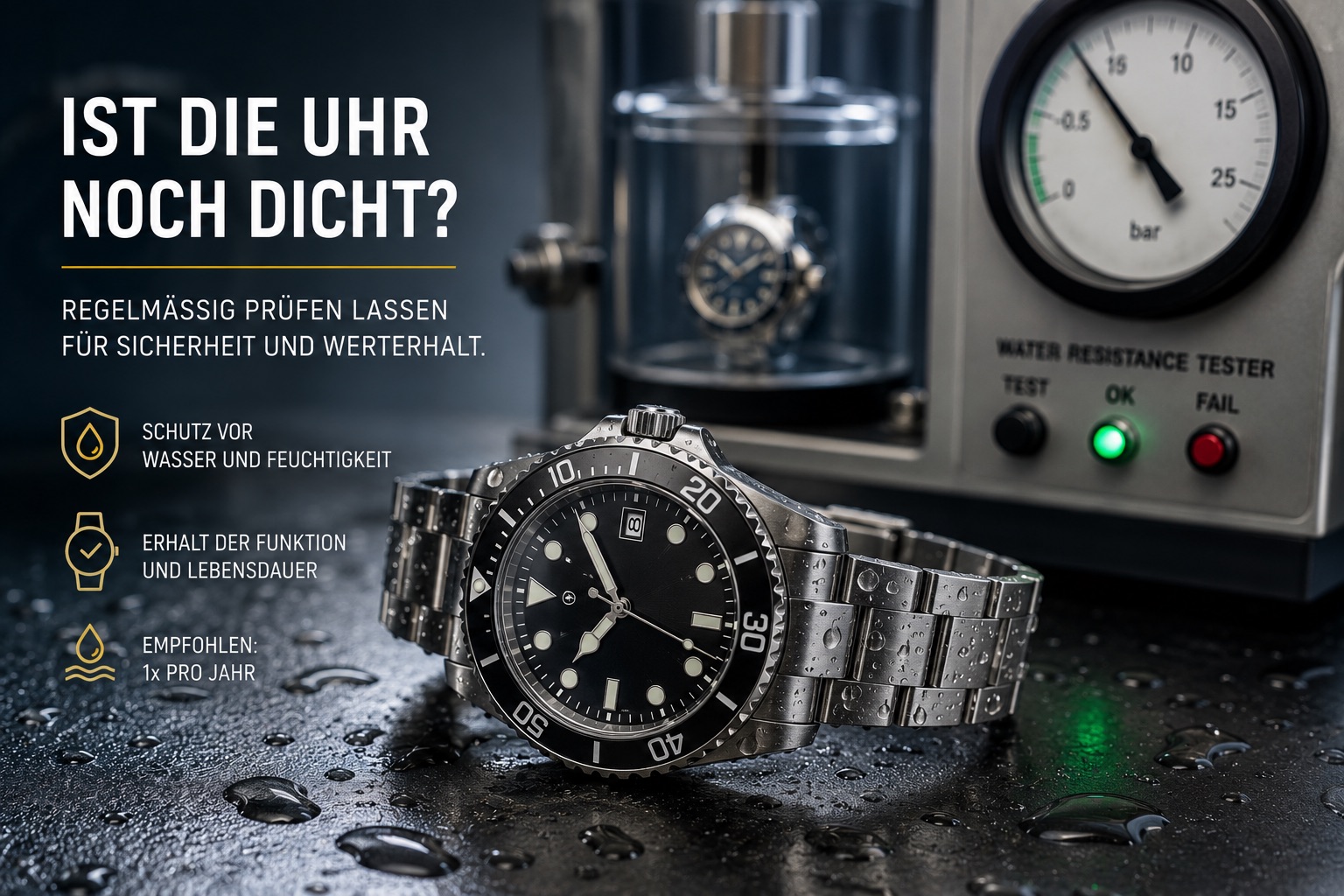 Anzeige: Luxusuhr liegt nass vor einem Wasserwiderstand-Testgerät; betont Dichtigkeit, Schutz und Wartung der Uhr.