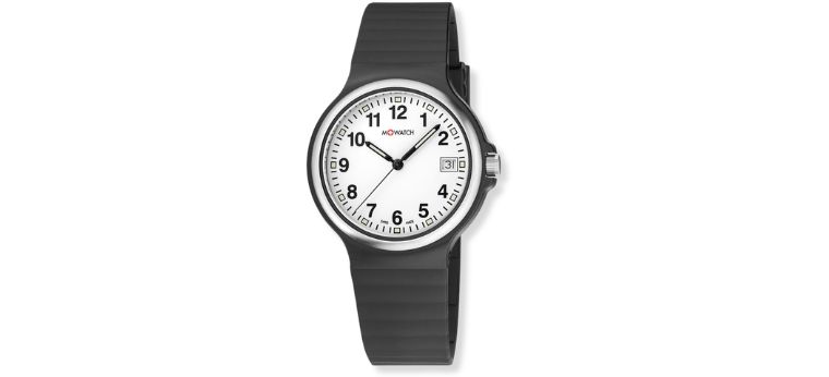 M-Watches-Basel | Au Bijou GmbH Uhren & Schmuck Analog wristwatch with white dial, black numerals, and black rubber strap; date shown at 3 o'clock.