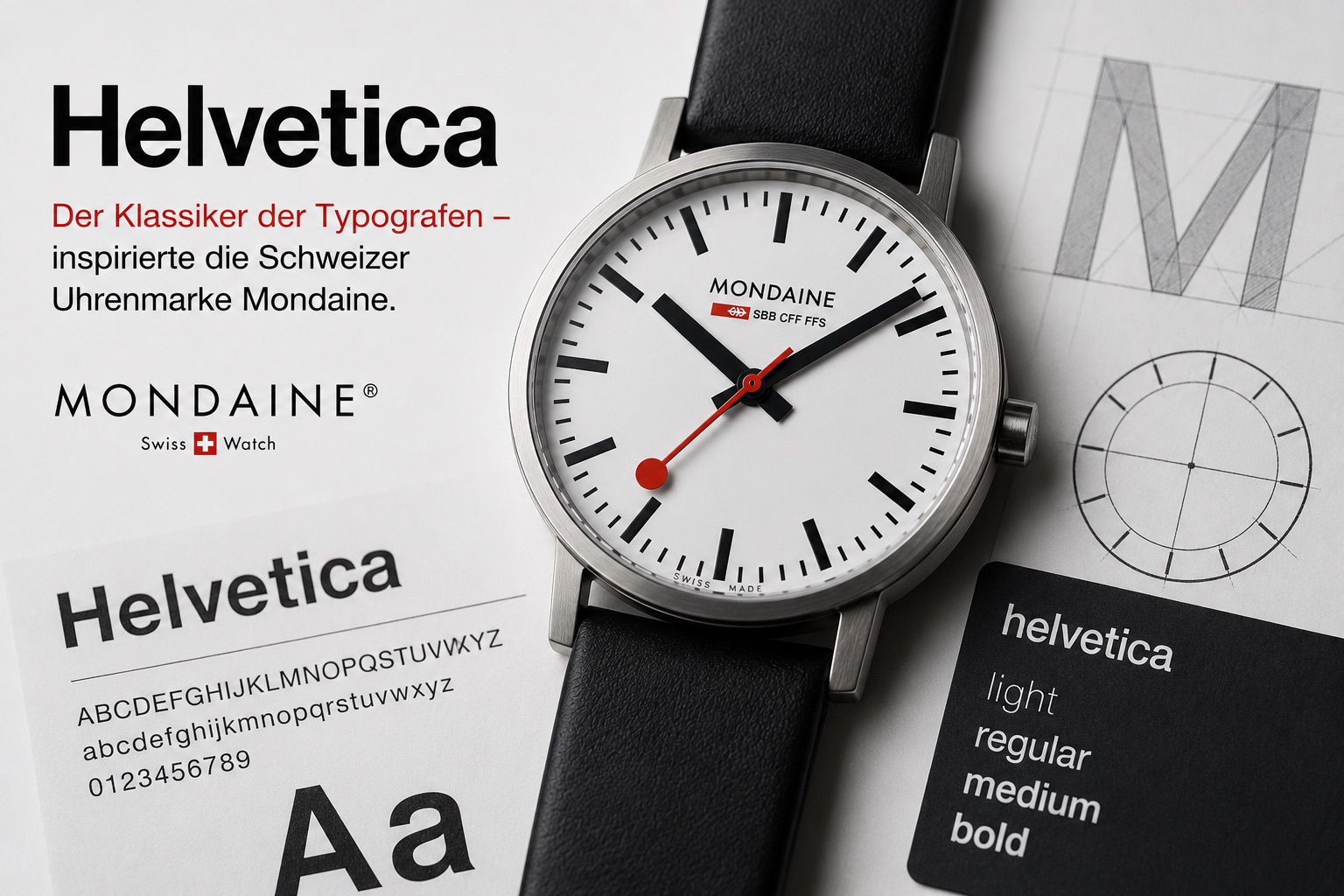 Mondaine watch laid over Helvetica typography sheets, showing branding and alphabet samples on white and grey design pages.