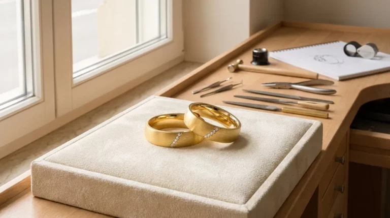 Two gold wedding bands with small diamonds resting on a beige jewelry display box by a window.