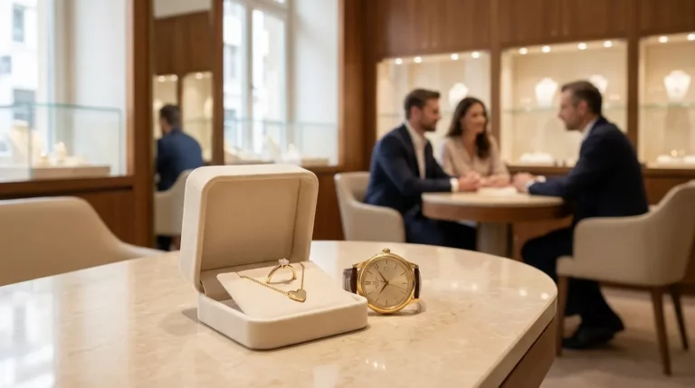 Open jewelry box with a gold necklace and ring beside a gold wristwatch on a marble showroom counter; blurred group of three people talking at a nearby table in the background.
