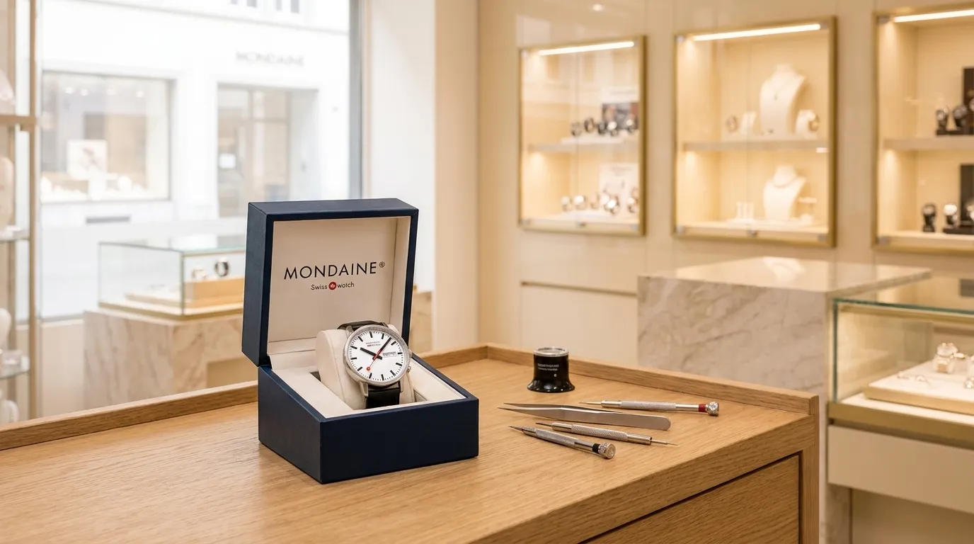 Mondaine wristwatch in an open navy box on a wooden showroom counter inside a jewelry store