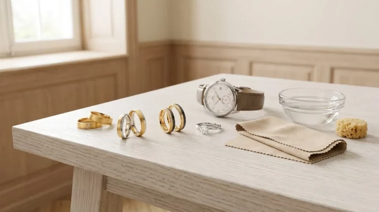 Flat lay of jewelry on a light wooden table: gold and silver rings, a silver watch with brown strap, a diamond ring, a glass bowl, beige cleaning cloth, and a small sponge.