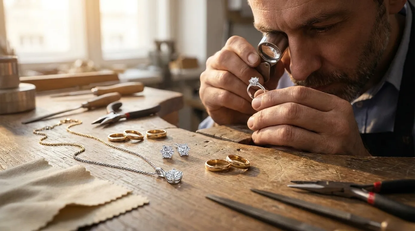 Jeweler examines a diamond ring with a loupe at a wooden workbench surrounded by tools and jewelry pieces.