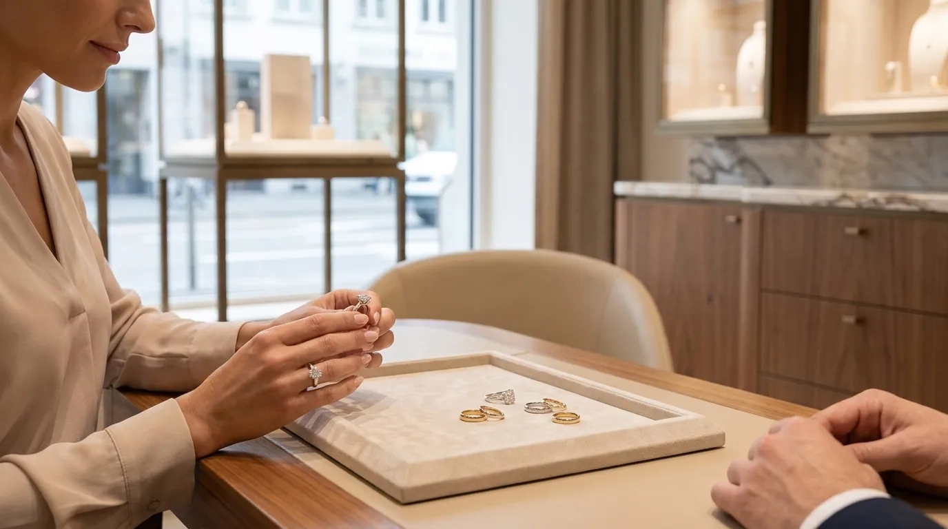 Woman examines gold and diamond rings on a marble display tray in a jewelry store, with a customer nearby.