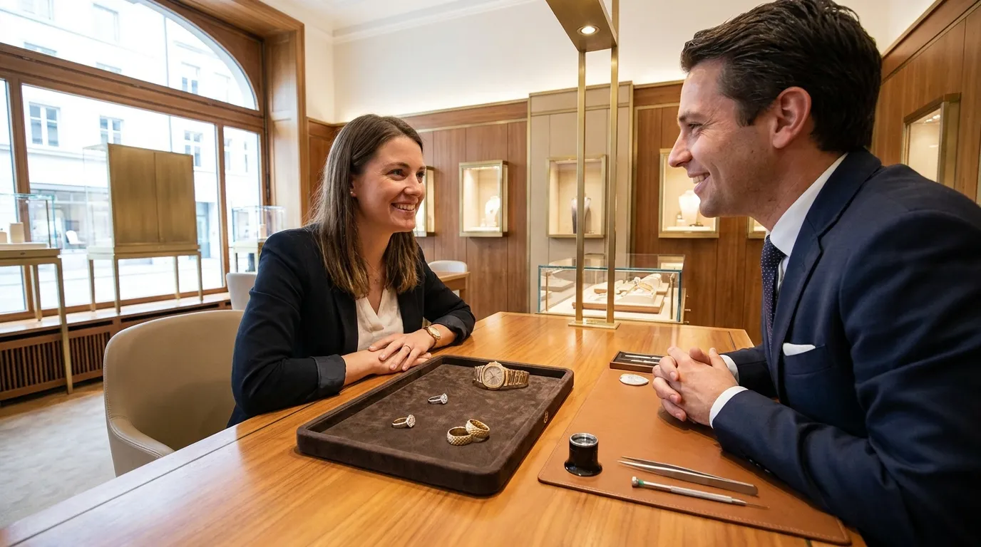 A woman and a man in business attire sit at a wooden jewelry counter, smiling as they discuss rings and a gold watch on a display tray in between them.
