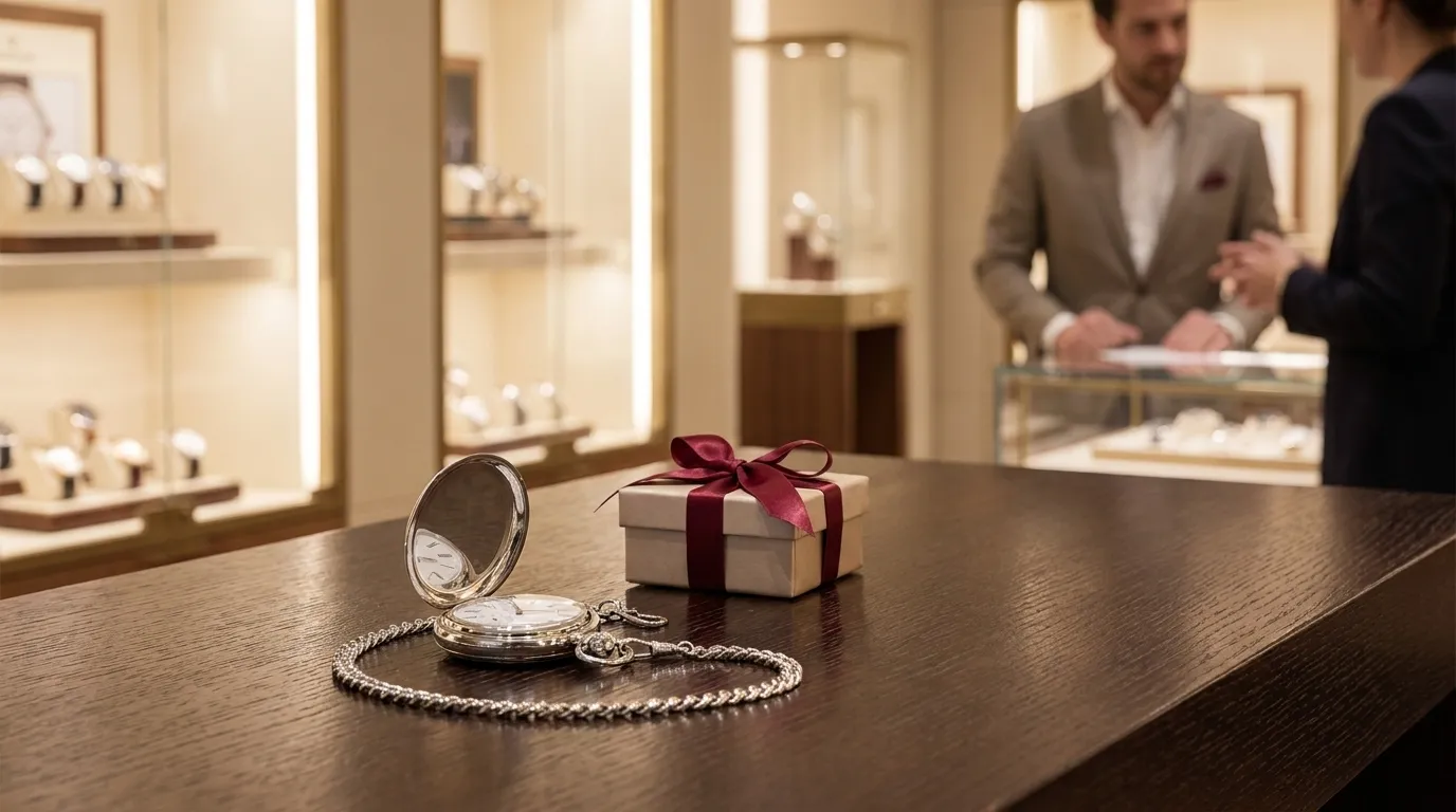 A gift box with a burgundy ribbon sits beside an open silver pocket watch on a dark wooden display counter in a jewelry store.