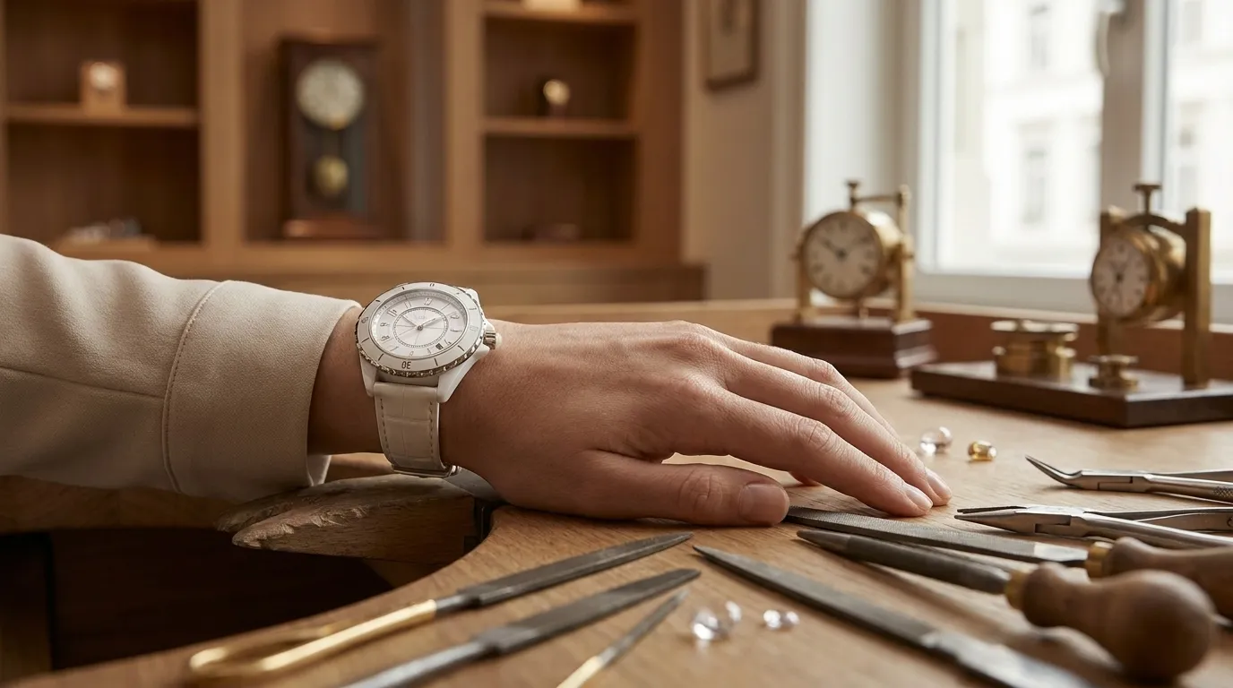 Weisse Armbanduhr am Handgelenk in natürlichem Licht